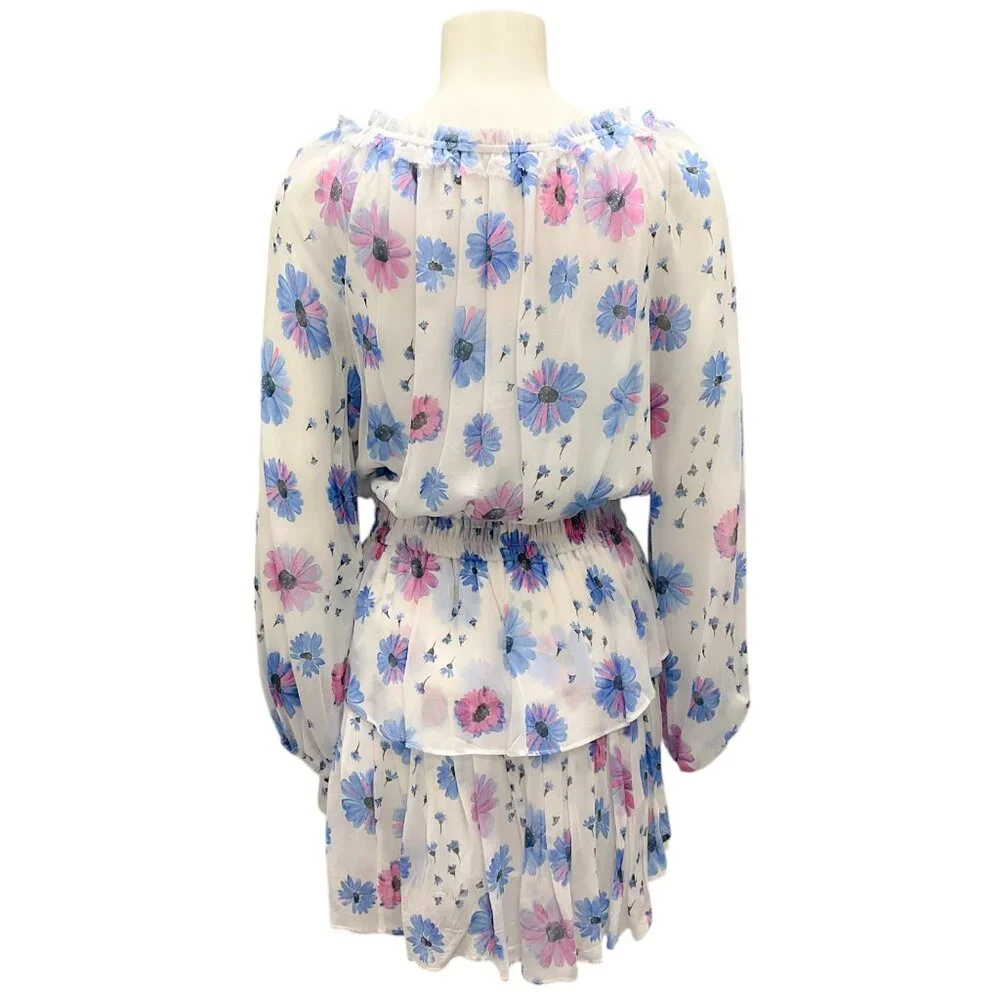 LoveShackFancy White / Blue Multi Floral Chiffon Mini Dress - Picture 3 of 4